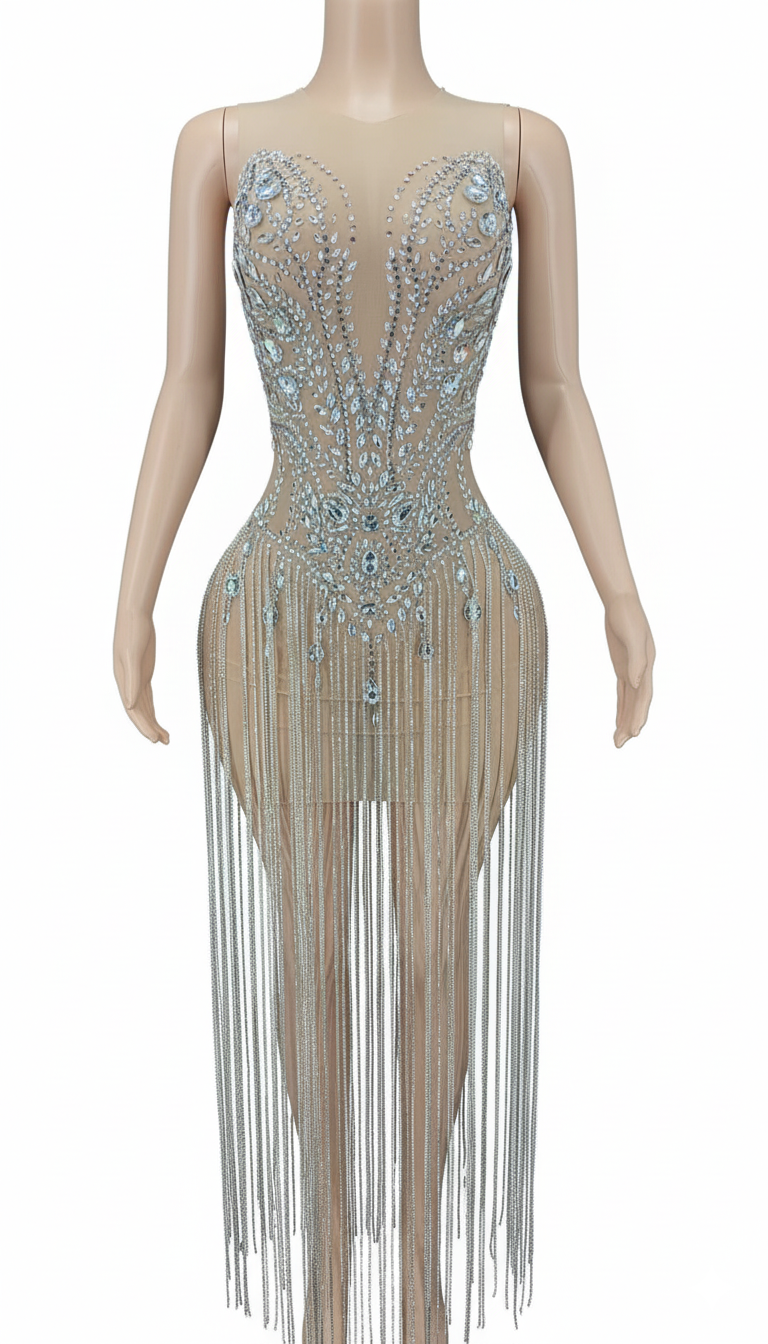 BEIGE RHINESTONE DRESS