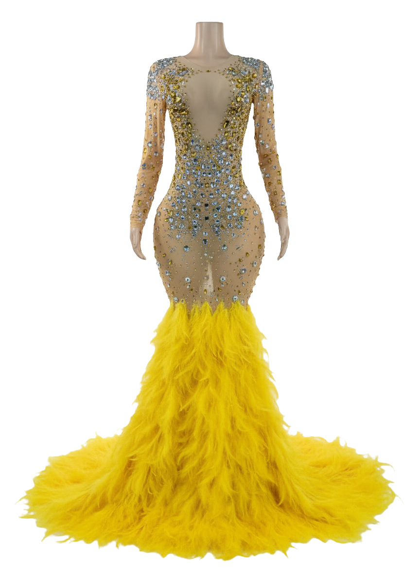 YELLOW CANARY FEATHER LAVISH DRESS