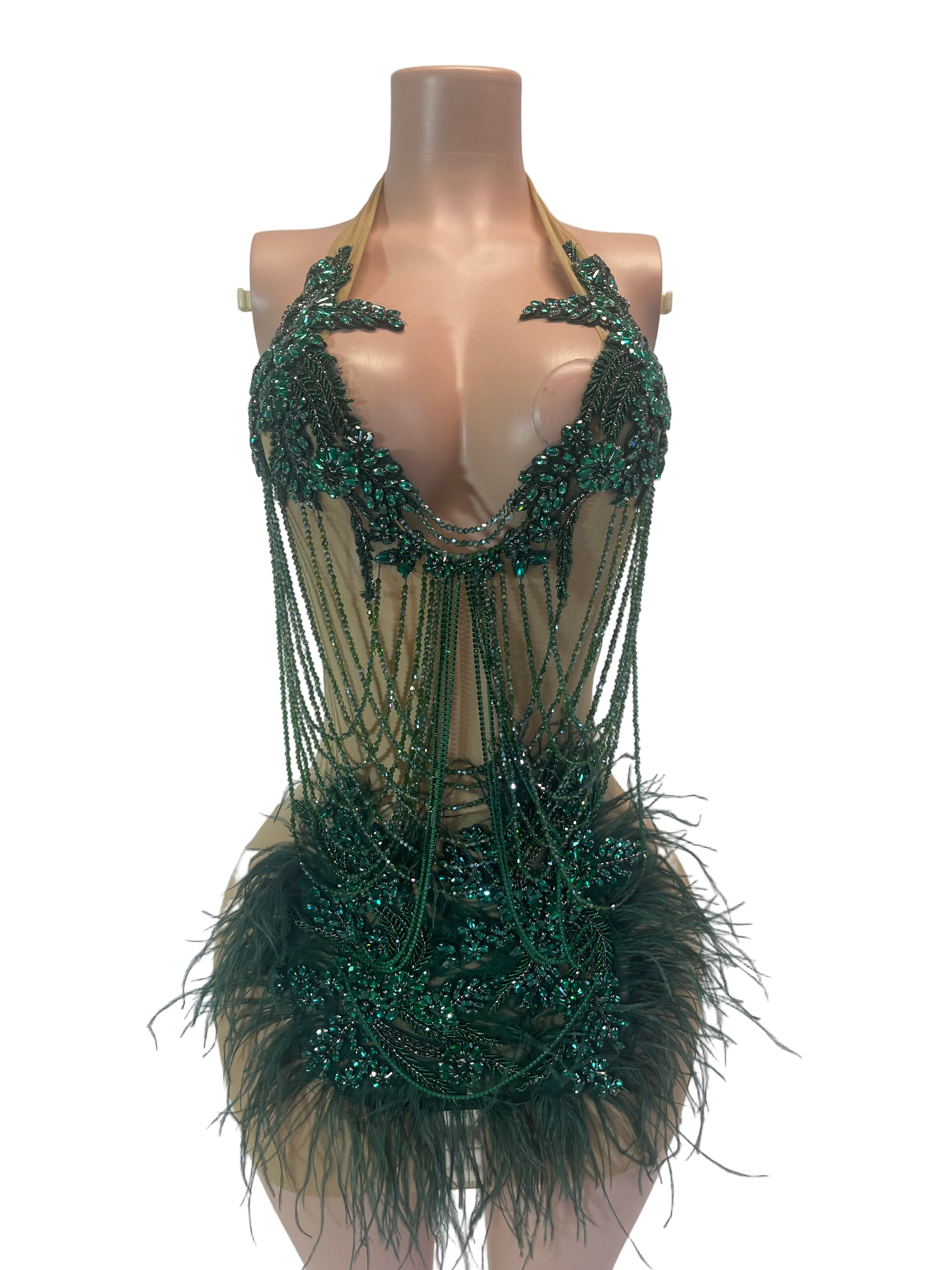 GREEN OSTRICH SLVSH CRYSTAL DRESS