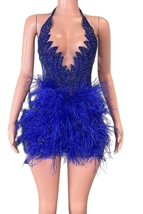 BLEU OSTRICH LAVISH PARTY DRESS